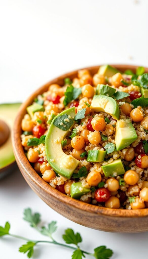 Quinoa avocado chickpeas salad, a vibrant and nourishing dish. In the foreground, a wooden bowl overflows with a colorful medley of cooked quinoa, creamy avocado slices, and tender chickpeas. Sprinkled throughout, fresh herbs and a drizzle of light, tangy dressing. The middle ground features a simple white background, allowing the salad to take center stage. Soft, natural lighting casts a warm glow, accentuating the earthy tones and textures. The overall composition conveys a sense of freshness, balance, and wholesome goodness - an appetizing, quick-to-prepare lunch option.