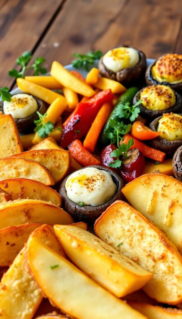 A bountiful arrangement of delectable vegan oven snacks, meticulously crafted with care. In the foreground, golden-brown baked potato wedges seasoned with aromatic spices, crispy on the outside and fluffy within. Alongside, mouthwatering vegan mozzarella-stuffed mushroom caps, their tops dusted with a light breadcrumb coating. In the middle ground, a vibrant medley of roasted vegetable bites - carrots, zucchini, and bell peppers - glistening with a light drizzle of olive oil. The background features a rustic wooden surface, with a scattering of fresh herbs and a subtle, warm lighting that casts a cozy glow over the entire scene, creating an inviting and stress-free atmosphere for any vegan gathering.
