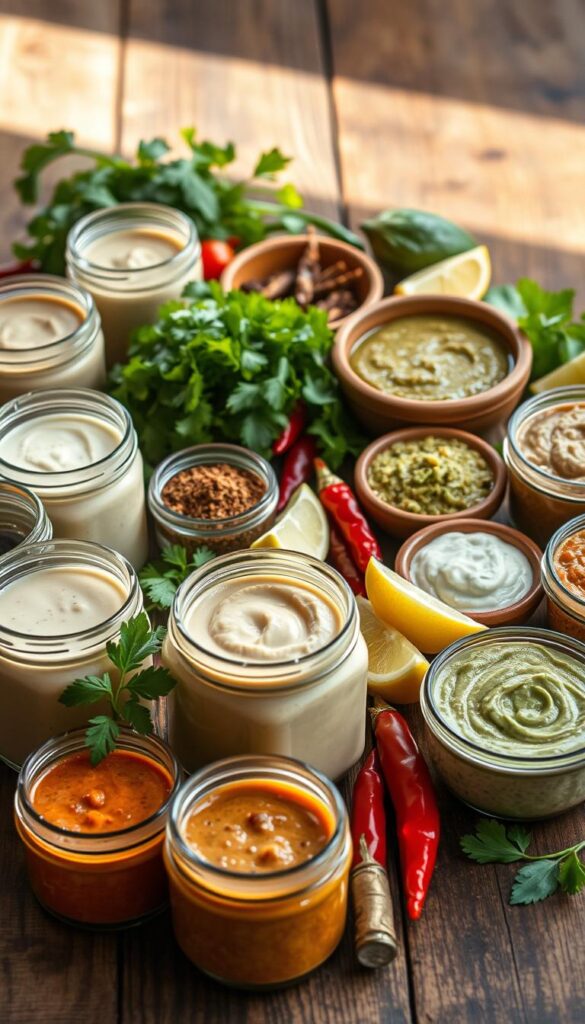 A bountiful arrangement of vibrant vegan sauces and dips, meticulously crafted to elevate every plant-based dish. In the foreground, an array of condiment jars and bowls filled with creamy cashew-based sauces, zesty chimichurri, savory tahini dip, and luscious avocado-lime spread. Strategically placed in the middle ground, an assortment of fresh herbs, spices, and garnishes - fragrant cilantro, fiery chili peppers, and tangy lemon wedges. The background features a rustic wooden table, bathed in soft, natural lighting that casts warm shadows and highlights the textures of the ingredients. The overall mood is one of culinary inspiration, inviting the viewer to explore these delectable vegan sauce ideas and elevate their plant-based gathering.