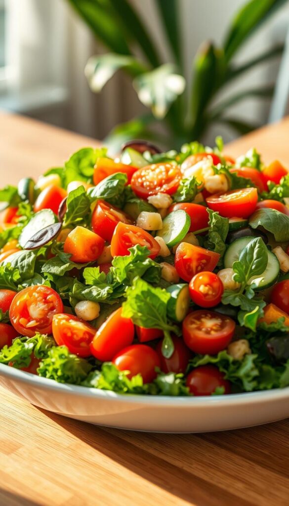 A bountiful salad overflowing with a vibrant medley of fresh greens, juicy tomatoes, crisp cucumbers, and colorful bell peppers. The salad is artfully arranged on a sleek, white ceramic platter, bathed in warm, natural lighting that casts a soft, inviting glow. The greens are lush and verdant, the vegetables bursting with juicy freshness. A light, tangy vinaigrette dressing glistens atop the salad, complementing the flavors. The composition is balanced and visually appealing, drawing the eye to the center of the frame. This salad is the perfect centerpiece for a bountiful vegan buffet, sure to delight and satisfy all who partake.