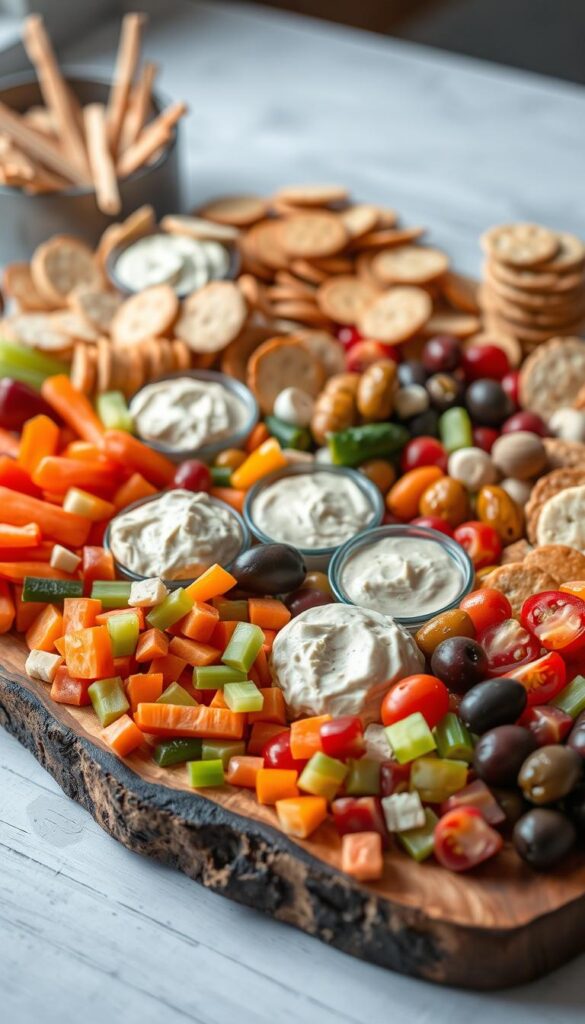 A bountiful vegan appetizer platter, arranged on a rustic wooden board, illuminated by soft, natural lighting. In the foreground, an assortment of vibrant, freshly chopped vegetables, such as crisp carrots, crunchy celery sticks, and juicy cherry tomatoes. Scattered across the middle are creamy hummus, tangy cashew-based dips, and a variety of colorful, marinated olives. In the background, an array of crunchy crackers, hearty breadsticks, and artisanal nut-based cheeses, all complemented by the warm, earthy tones of the wooden board. The overall atmosphere is inviting, healthy, and visually appealing, perfect for a delightful vegan snack board or crudité platter.