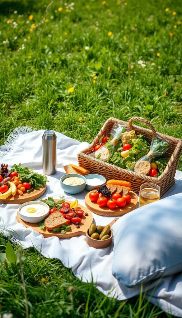 A bountiful vegan picnic spread unfolds in a sun-dappled meadow, with a woven basket overflowing with vibrant plant-based delights. Crisp seasonal greens, juicy tomatoes, and colorful roasted vegetables take center stage, artfully arranged on rustic wooden platters. Freshly baked bread, creamy hummus, and tangy pickles accompany the feast, while a thermos of chilled herbal tea stands ready to quench the thirst. Soft blankets and cushions invite guests to relax and savor the flavors of this 30-minute vegan picnic, capturing the essence of a memorable outdoor gathering.