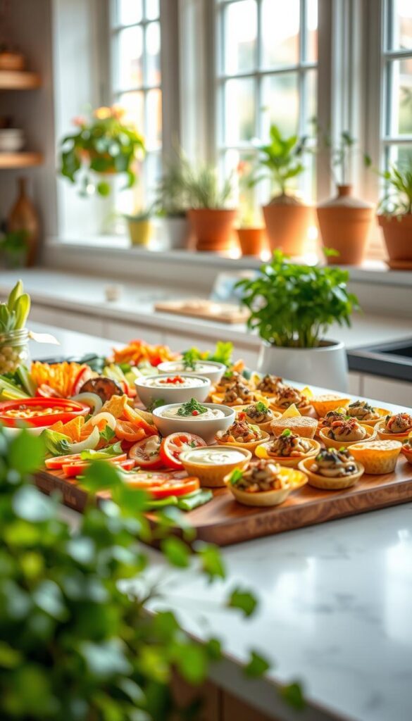 A bright, airy kitchen scene featuring an array of tempting vegan appetizer recipes. In the foreground, a wooden serving board overflows with a colorful assortment of plant-based bites: crisp vegetable crudités, creamy cashew-based dips, savory mushroom-stuffed phyllo cups, and tantalizing mini veggie-packed quesadillas. Framing the scene, vibrant potted herbs and lush greenery add a fresh, organic feel. Warm, natural lighting filters through large windows, casting a soft glow over the scene. The atmosphere is inviting and celebratory, perfect for a lively party or game day gathering.