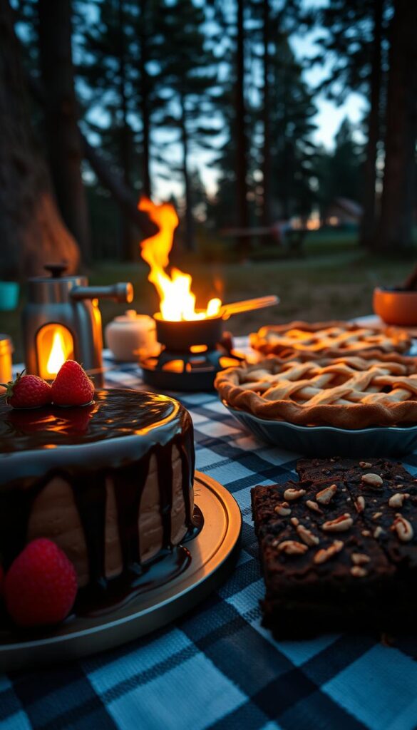 A camp stove flickering in the evening glow, casting a warm light on a picnic table laden with an array of tempting vegan desserts. In the foreground, a rich chocolate mousse cake with a glossy glaze, accompanied by fresh berries and a drizzle of vegan caramel. Beside it, a flaky, golden vegan apple pie, its crust adorned with a lattice pattern. In the middle ground, a platter of gooey, fudgy vegan brownies, sprinkled with toasted nuts. In the background, the silhouettes of towering pine trees frame the cozy campsite, suggesting a serene and peaceful atmosphere. The overall scene evokes a sense of rustic, outdoor indulgence and the joy of sharing delectable vegan treats with friends under the starry night sky.