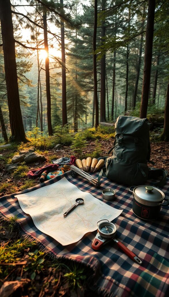 A cozy campsite nestled in a lush, forested landscape, with a backpack, map, compass, and hiking gear meticulously laid out on a picnic blanket. Soft, warm lighting filters through the trees, creating a serene and contemplative atmosphere. A camp stove and cookware are arranged nearby, hinting at the preparation for a nourishing, plant-based meal. The scene conveys a sense of thoughtful planning and anticipation for an adventure-filled backpacking journey.