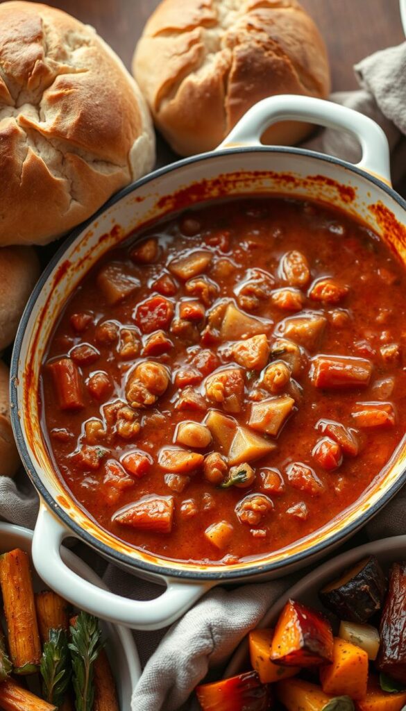 A cozy casserole dish filled with a rich, bubbling vegan stew, surrounded by freshly baked crusty rolls and a side of tender roasted vegetables, all bathed in warm, soft lighting and a comforting atmosphere. The casserole's surface is lightly browned, with wisps of steam escaping, hinting at the delicious flavors within. The scene is captured from a slightly elevated angle, emphasizing the inviting nature of the hearty, homemade meal, perfect for a satisfying and nourishing vegan dinner.
