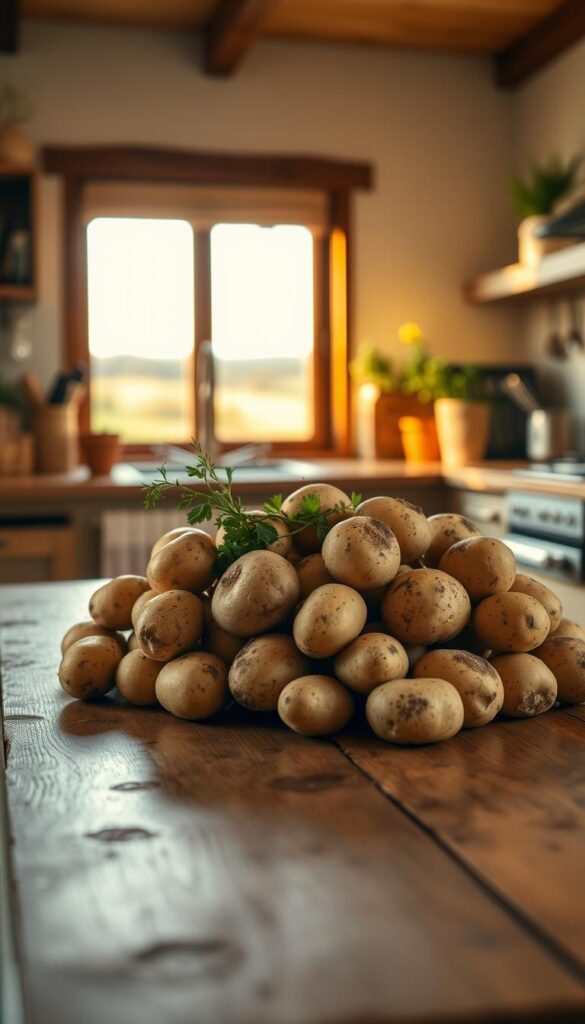 A cozy kitchen interior, bathed in soft, warm lighting. On the wooden table, a vibrant arrangement of freshly harvested potatoes takes center stage. The potatoes are of varying sizes and shapes, their skins gently dusted with soil, conveying a sense of rustic authenticity. The arrangement is complemented by a few sprigs of fresh herbs, adding a touch of vibrant green. In the background, a glimpse of a window reveals a pastoral countryside, hinting at the wholesome origins of these humble yet comforting tubers. The overall scene evokes a sense of homey contentment, inviting the viewer to imagine the delicious possibilities of these versatile ingredients.