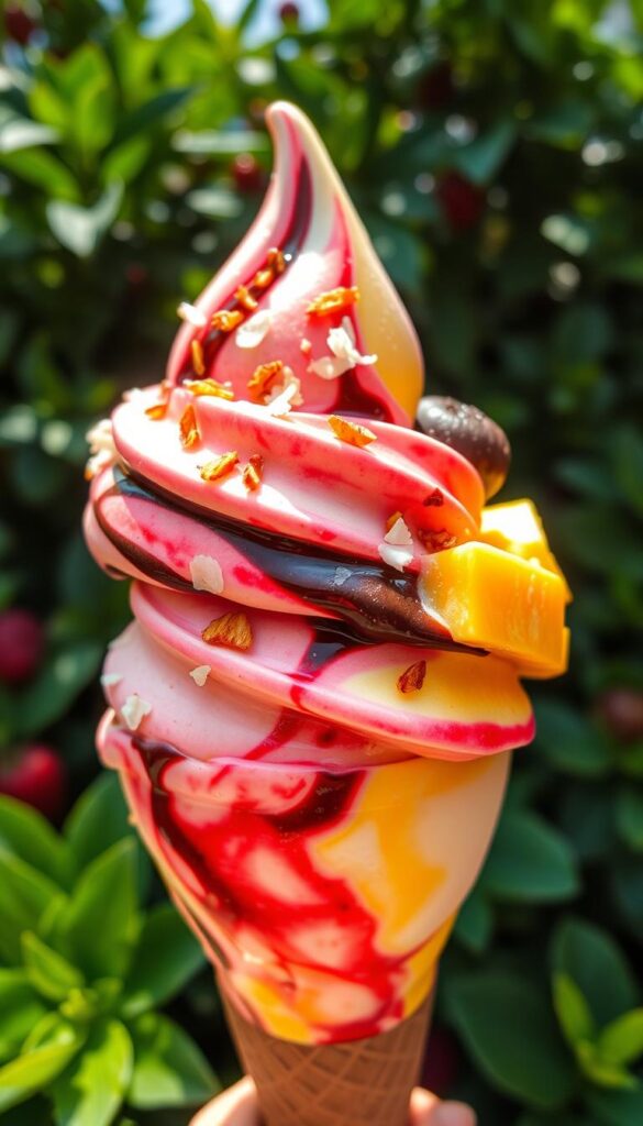 A delectable scoop of vegan ice cream, its creamy texture glistening under the warm summer sun. Bursts of vibrant color - strawberry, chocolate, and mango - swirl together, creating a visually enticing dessert. Garnished with fresh berries and a sprinkling of toasted coconut, the ice cream is set against a backdrop of lush greenery, evoking a lush, garden-like atmosphere. Soft, diffused lighting accentuates the dessert's inviting appearance, while a low, close-up angle captures its enticing details. The overall scene exudes a refreshing, indulgent, and serene mood, perfectly capturing the essence of a delightful vegan treat on a hot summer day.