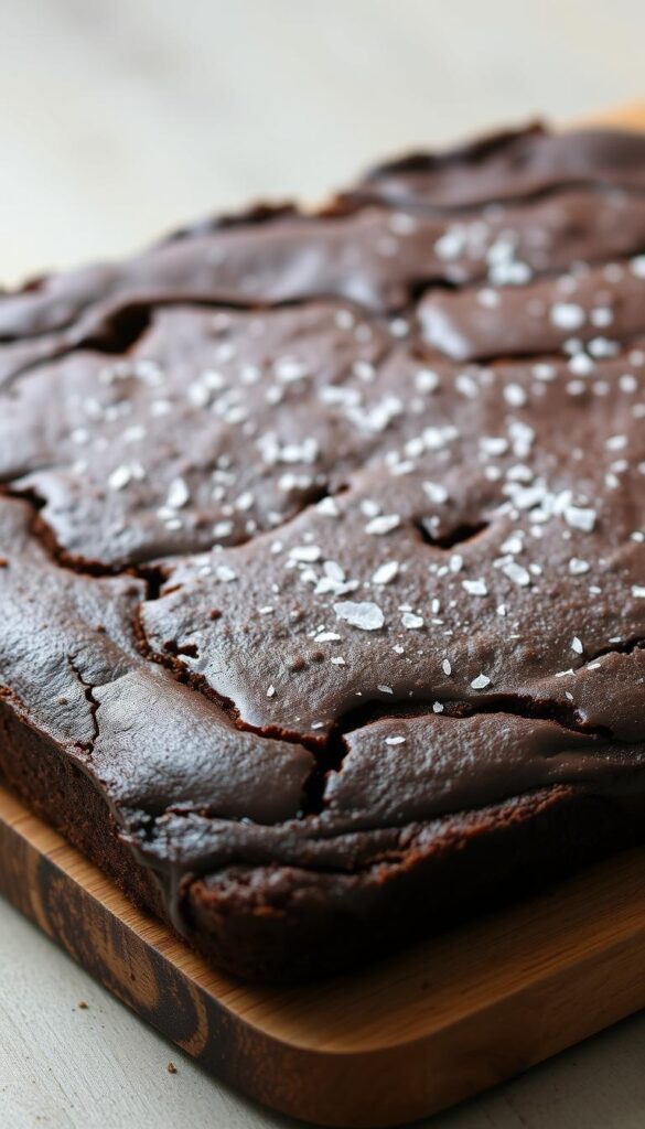 A delectable vegan chocolate sheet cake, its rich, fudgy surface dusted with a light sprinkling of glistening sea salt crystals. The cake rests on a simple wooden board, its edges slightly uneven, adding to its homemade charm. Soft, diffused lighting bathes the scene, creating a cozy, inviting atmosphere. The cake's deep, chocolatey aroma seems to waft off the image, tempting the viewer to take a bite. Captured from a slightly elevated angle, the cake fills the frame, its texture and layers clearly visible. This decadent dessert is a true showstopper, perfectly suited to grace the "Sweet Bakes, No-Bakes, and Chocolate Crowd-Pleasers" section of the vegan buffet article.