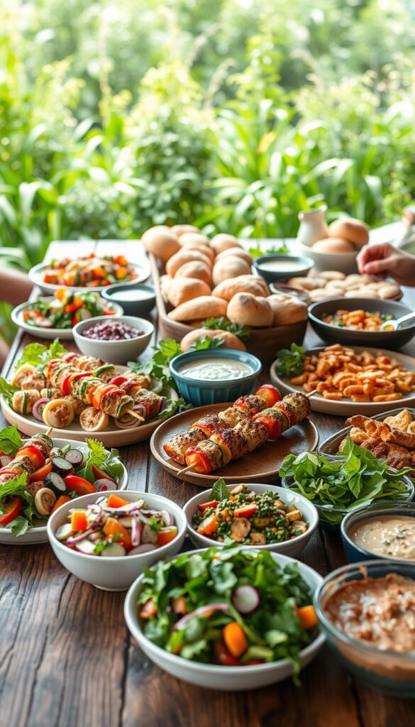 A delightful gathering of vegan delicacies, artfully arranged on a rustic wooden table. In the foreground, vibrant salads, colorful veggie skewers, and savory plant-based entrees beckon. The middle ground features an array of freshly baked breads, whole-grain rolls, and flavorful dips. In the background, lush greenery and soft natural lighting create a calming, inviting atmosphere. The scene exudes a sense of community, warmth, and the celebration of wholesome, plant-based cuisine. A feast for the senses, capturing the essence of a nourishing vegan potluck.