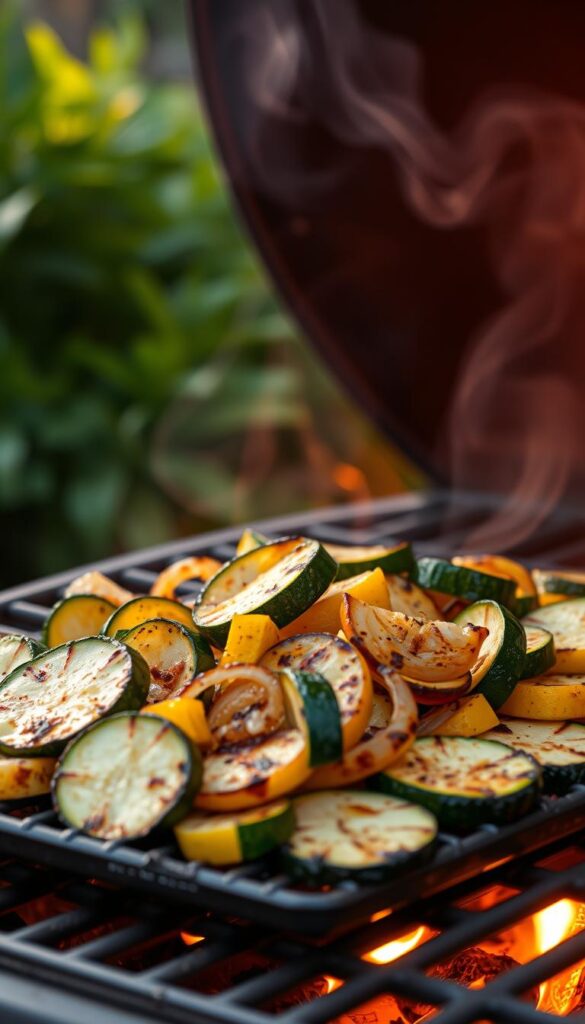 A grilled zucchini medley sizzles against the warm glow of a rustic outdoor grill, its char-kissed edges glistening in the soft, golden light. Thick slices of vibrant green zucchini, tender yellow squash, and aromatic onion wedges are arranged artfully, their natural textures and colors creating a visually stunning display. The scene is framed by a backdrop of lush, verdant foliage, hinting at the fresh, al fresco setting. A light haze of fragrant smoke drifts lazily through the air, adding to the inviting, homey atmosphere. The overall composition evokes a sense of wholesome, summertime abundance, perfectly capturing the essence of "Fresh Off the Grill Veggies" for a mouthwatering vegan BBQ spread.