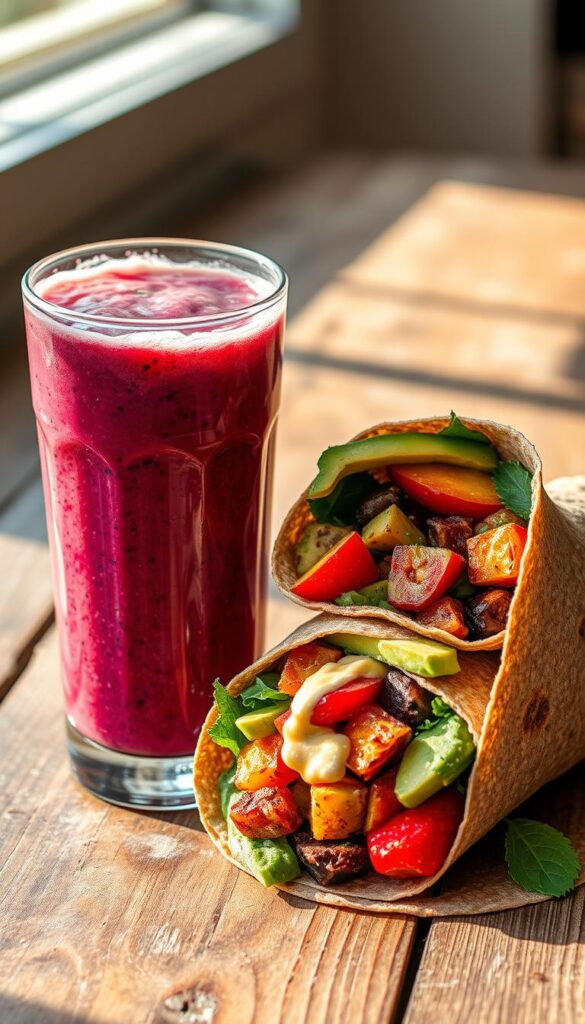 A luscious, vibrant smoothie and a hearty plant-based wrap set against a softly-lit, rustic wooden table. The smoothie, a blend of fresh berries, leafy greens, and a hint of vanilla, is poured into a tall glass, its frothy surface catching the gentle rays of afternoon sunlight. Beside it, a whole-grain wrap bursting with roasted vegetables, creamy avocado, and a tangy, protein-rich dressing, neatly folded and waiting to be savored. The overall scene exudes a sense of nourishment and rejuvenation, the perfect post-ride recovery meal for the health-conscious cyclist.