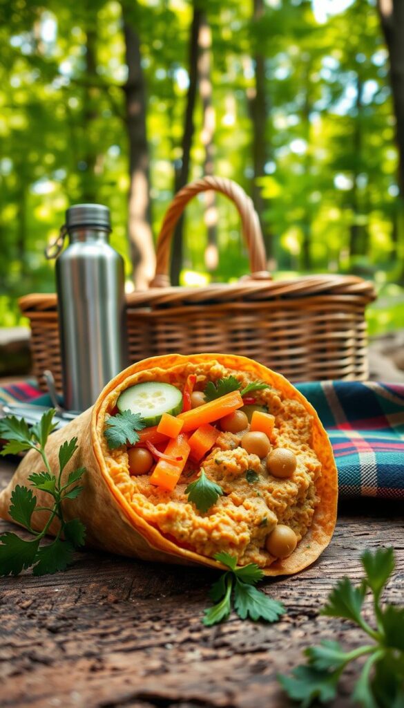 A mouthwatering chickpea hummus wrap set against a rustic outdoor scene. In the foreground, a freshly prepared wrap with a golden-brown tortilla shell, filled with a creamy, vibrant chickpea hummus and garnished with crisp vegetables like cucumber slices, shredded carrots, and fresh parsley. The middle ground features a woven picnic basket, a stainless steel water bottle, and a plaid picnic blanket, evoking a casual, al fresco dining experience. In the background, a lush, verdant forest setting with dappled sunlight filtering through the trees, creating a warm, natural atmosphere. Lit from the side to accentuate the textures and colors, this image captures the essence of a simple, yet satisfying vegan camping lunch.