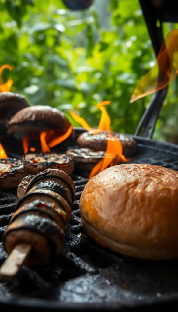 A sizzling grill, flames licking at plump portobello mushroom caps, their earthy aroma wafting through the air. In the foreground, a skewer of juicy oyster mushrooms, charred to perfection, casting a warm glow. The middle ground features an artfully arranged vegan burger bun, toasted to a golden hue, awaiting its mushroom-based patty. In the background, a verdant backdrop of lush greenery sets the scene, with dappled sunlight filtering through the leaves, creating a moody, atmospheric ambiance. Shot with a wide-angle lens to capture the dynamic, textural interplay of the grilled mushrooms, the image conveys a sense of rustic, plant-based decadence.