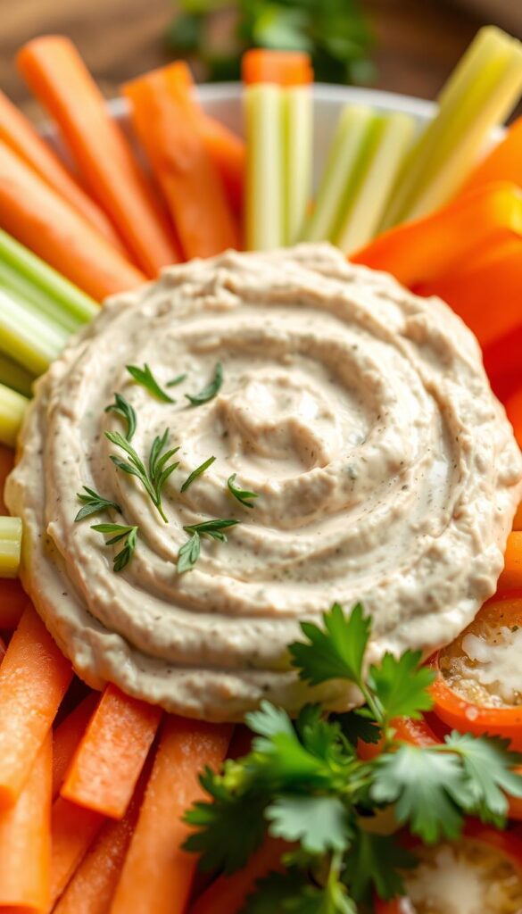 A tempting platter of vegan dip, garnished with fresh herbs and vibrant vegetables. The creamy spread takes center stage, its texture smooth and inviting. Surrounding it, an array of crunchy carrot sticks, crisp celery stalks, and juicy bell pepper slices, their colors popping against the neutral backdrop. Warm, natural lighting bathes the scene, creating a welcoming atmosphere. Captured from a slightly elevated angle, the image showcases the dip's alluring presentation, enticing the viewer to dive in and savor the flavorful delight.
