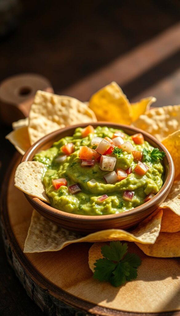 A vibrant, appetizing close-up of a freshly prepared guacamole snack on a rustic wooden board. The guacamole is a rich, creamy green, flecked with bits of ripe avocado, diced tomato, onion, and cilantro. Crisp tortilla chips are arranged artfully around the bowl, inviting the viewer to scoop and enjoy. Warm, natural lighting from the side casts a soft glow on the scene, highlighting the textures and colors. The overall impression is one of simplicity, freshness, and a sense of effortless, five-star flavor in mere minutes.