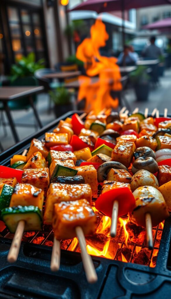 A vibrant array of colorful vegetable skewers sizzle over an open flame, casting a warm glow and enticing aromas. In the foreground, bite-sized chunks of marinated tofu and seasonal veggies - zucchini, bell peppers, mushrooms, and onions - are evenly spaced and glistening with a glossy soy-miso glaze. The middle ground showcases a mix of wooden and metal skewers, their sharp points piercing the succulent ingredients. In the background, a slightly blurred urban grilling scene sets the stage, with hints of outdoor furniture and greenery. Warm, directional lighting from the side casts dramatic shadows, heightening the sense of depth and texture. The overall mood is one of mouthwatering anticipation, inviting the viewer to imagine the flavors and aromas of this vegan grilling masterpiece.