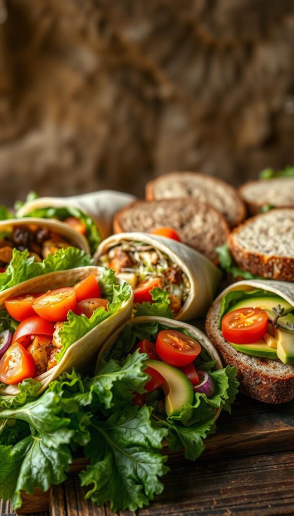 A vibrant assortment of freshly made vegan wraps and sandwiches, artfully arranged on a rustic wooden surface. In the foreground, lush green lettuce leaves, juicy tomatoes, and creamy avocado slices nestle between whole grain tortillas and hearty slices of freshly baked bread. In the middle ground, a variety of flavorful fillings like roasted vegetables, tangy hummus, and crisp sprouts peek out from the carefully crafted sandwiches. The background features a natural, earthy setting with a touch of natural light filtering through, casting a warm, inviting glow over the scene. The overall mood is one of healthy, portable deliciousness, perfect for the on-the-go vegan traveler.
