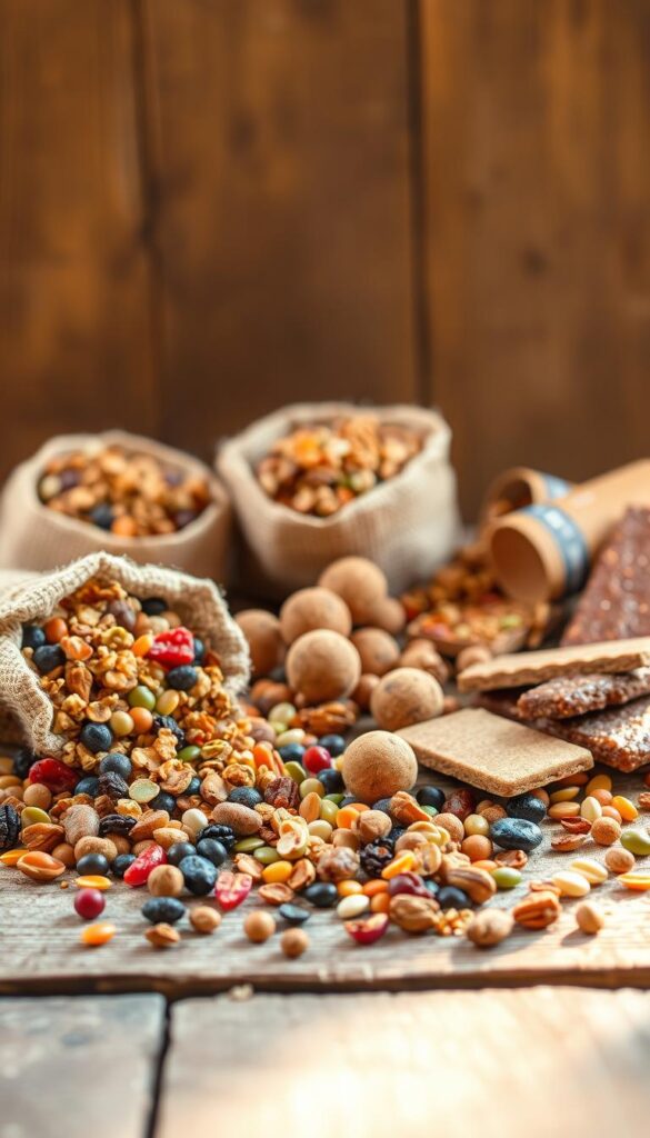 A vibrant assortment of plant-based snacks and energy-boosting treats arranged on a rustic wooden surface. In the foreground, an array of colorful protein bars, granola clusters, and trail mix overflowing from burlap sacks. Surrounding them, a scattering of dried fruit, nuts, and seeds in earthy tones. In the middle ground, a selection of homemade energy bites and vegan jerky sticks. The background is bathed in warm, natural lighting, casting a soft glow across the scene. The overall composition conveys a sense of nourishment, adventure, and the simple pleasures of fueling an active, plant-based lifestyle.