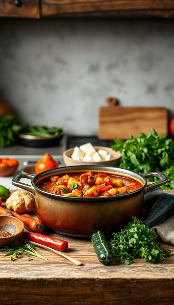 A vibrant, comforting one-pot meal set against a rustic kitchen counter. In the foreground, a wide, shallow pot filled with a hearty plant-based stew, its rich colors and textures beckoning. Surrounding the pot, an assortment of fresh vegetables, herbs, and spices, artfully arranged to suggest the meal's simple, homemade quality. Soft, diffused lighting casts a warm glow, enhancing the cozy, inviting atmosphere. In the background, a minimalist kitchen setting with muted tones, conveying a sense of efficiency and practicality - the perfect backdrop for a nourishing, fuss-free dish that embodies the spirit of the "Vegan Traveler Recipes: Healthy Eating on the Go" article.