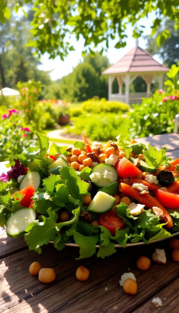 A vibrant, inviting salad bursting with an array of fresh, colorful vegetables. In the foreground, a mix of leafy greens, sliced cucumbers, juicy tomatoes, and crunchy carrots arranged artfully on a rustic wooden table. Sunlight filters through the scene, casting a warm, golden glow and creating long, soft shadows. In the middle ground, a scattering of roasted chickpeas, toasted almonds, and crumbled feta cheese add texture and depth. The background features a lush, verdant garden, with a picturesque gazebo peeking through the foliage, setting the scene for a peaceful, alfresco dining experience. The overall mood is one of nourishment, simplicity, and the joy of sharing a wholesome, plant-based meal outdoors.