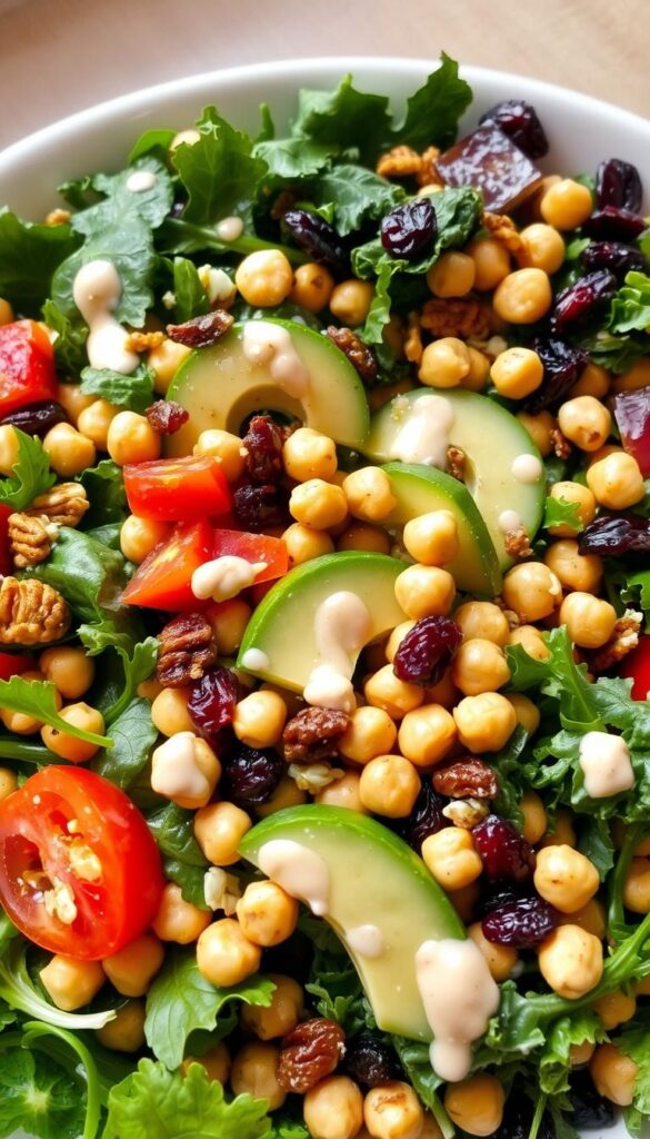 A vibrant, nourishing salad overflowing with a variety of fresh, colorful ingredients. In the foreground, an array of leafy greens including spinach, arugula, and kale, complemented by sliced tomatoes, crunchy cucumber, and juicy avocado. Scattered throughout, roasted chickpeas, toasted nuts, and a sprinkle of dried cranberries add texture and flavor. The salad is drizzled with a creamy, tangy dressing, creating a visually appealing and appetizing composition. Soft, natural lighting illuminates the scene, highlighting the vibrant hues and inviting the viewer to savor this substantial, satisfying meal. The image exudes a sense of freshness, balance, and the wholesome goodness of a plant-based main course.