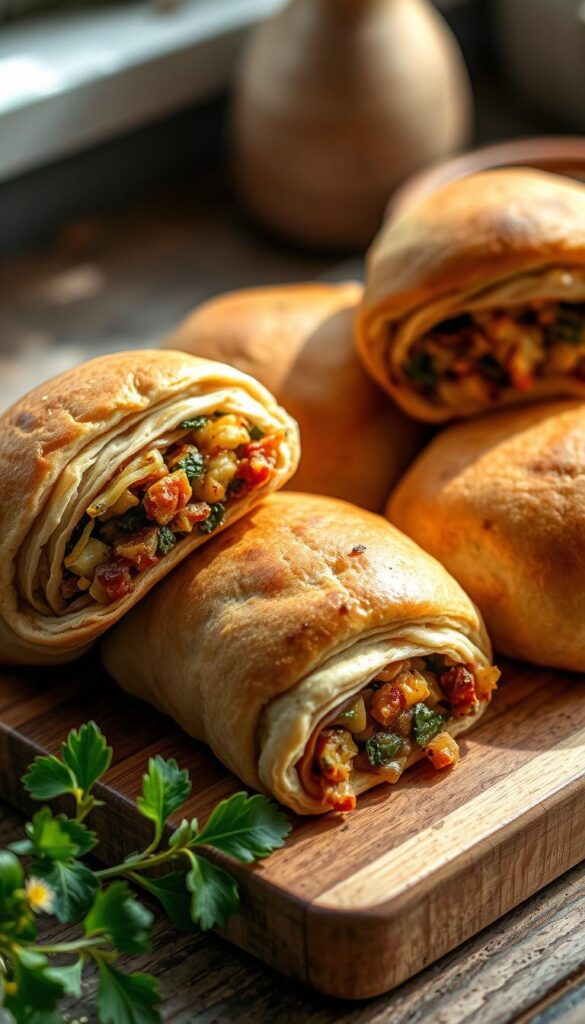Freshly baked vegan rolls, golden-brown and inviting, sit on a wooden cutting board. Delicate layers of whole-wheat dough enfold a savory filling of sautéed vegetables, spices, and aromatic herbs. Soft natural lighting casts a warm glow, highlighting the rustic textures and the tempting colors of the rolls. The scene evokes a cozy, homemade atmosphere, perfect for sharing as a finger food at a lively vegan party. A shallow depth of field draws the viewer's focus to the captivating details of the rolls, enticing the senses with the promise of a delicious and nourishing handheld treat.