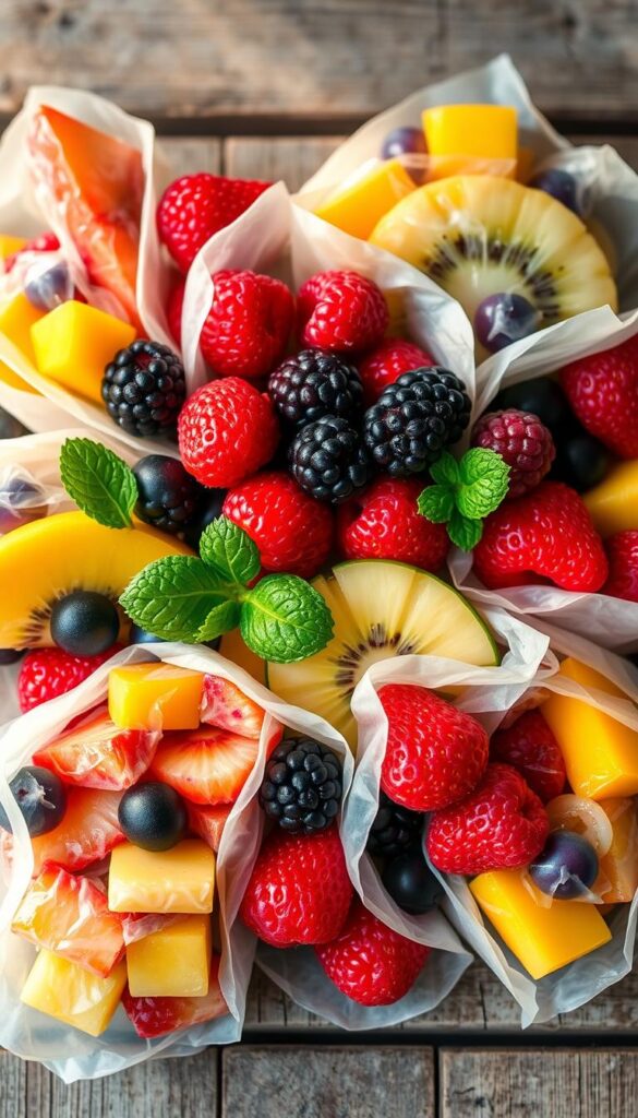 Lush, vibrant summer fruit rolls, artfully arranged on a rustic wooden surface. A central arrangement of plump, juicy berries - vibrant raspberries, sun-kissed strawberries, and tart blackberries. Surrounding them, slices of golden pineapple, sweet mango, and fragrant kiwi, all nestled within delicate rice paper wrappers. Soft, natural lighting casts a warm, summery glow, highlighting the vivid colors and textures. The composition is balanced, with a focus on the fresh, seasonal ingredients, conveying a sense of lightness and nourishment. An inviting, picnic-ready display, perfect for a vegan potluck on a lazy summer afternoon.