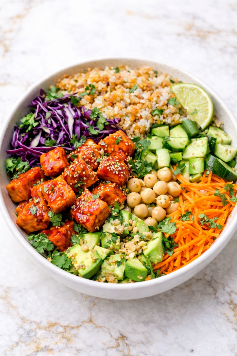 Vegan Sweet Chili Tofu Crispy Rice Salad with glossy sweet chili tofu, crispy jasmine rice, cucumber, shredded carrots and red cabbage in white bowl on marble surface