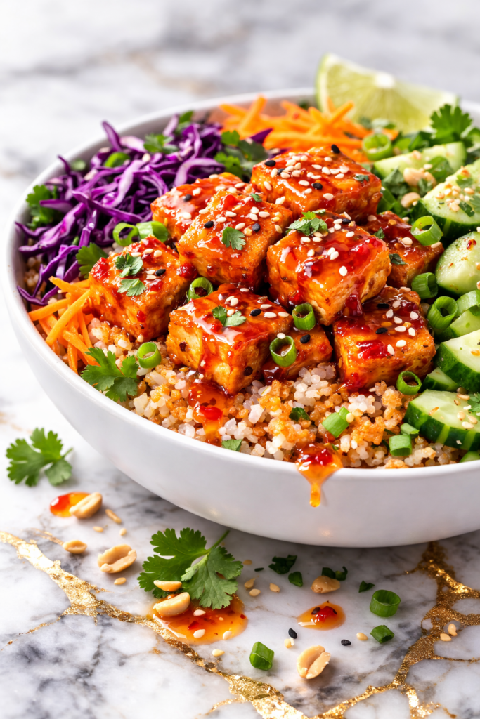 Side view vegan sweet chili tofu crispy rice salad showing glossy sweet chili tofu cubes over crispy jasmine rice with shredded carrots, red cabbage and cucumber in white bowl on marble surface
